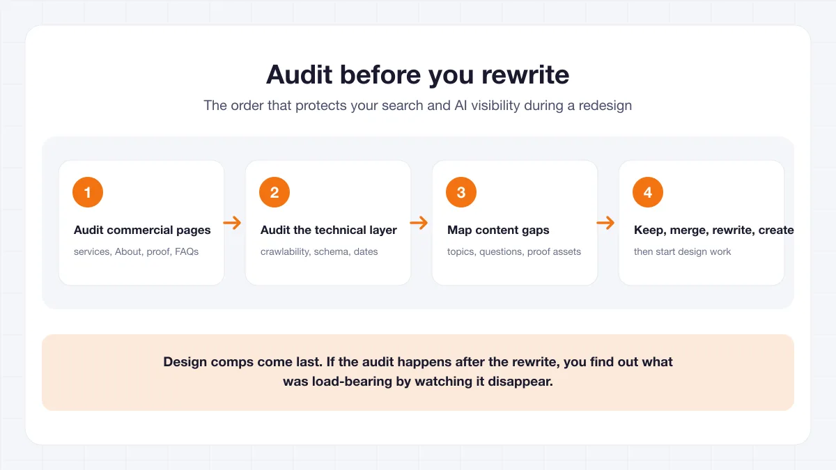 Four-step audit order before a website rewrite: audit commercial pages, audit the technical layer, map content gaps, then decide what to keep, merge, rewrite, or create