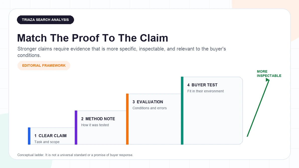 Four-step evidence ladder moving from a clear claim to a method note, evaluation details, and a buyer test
