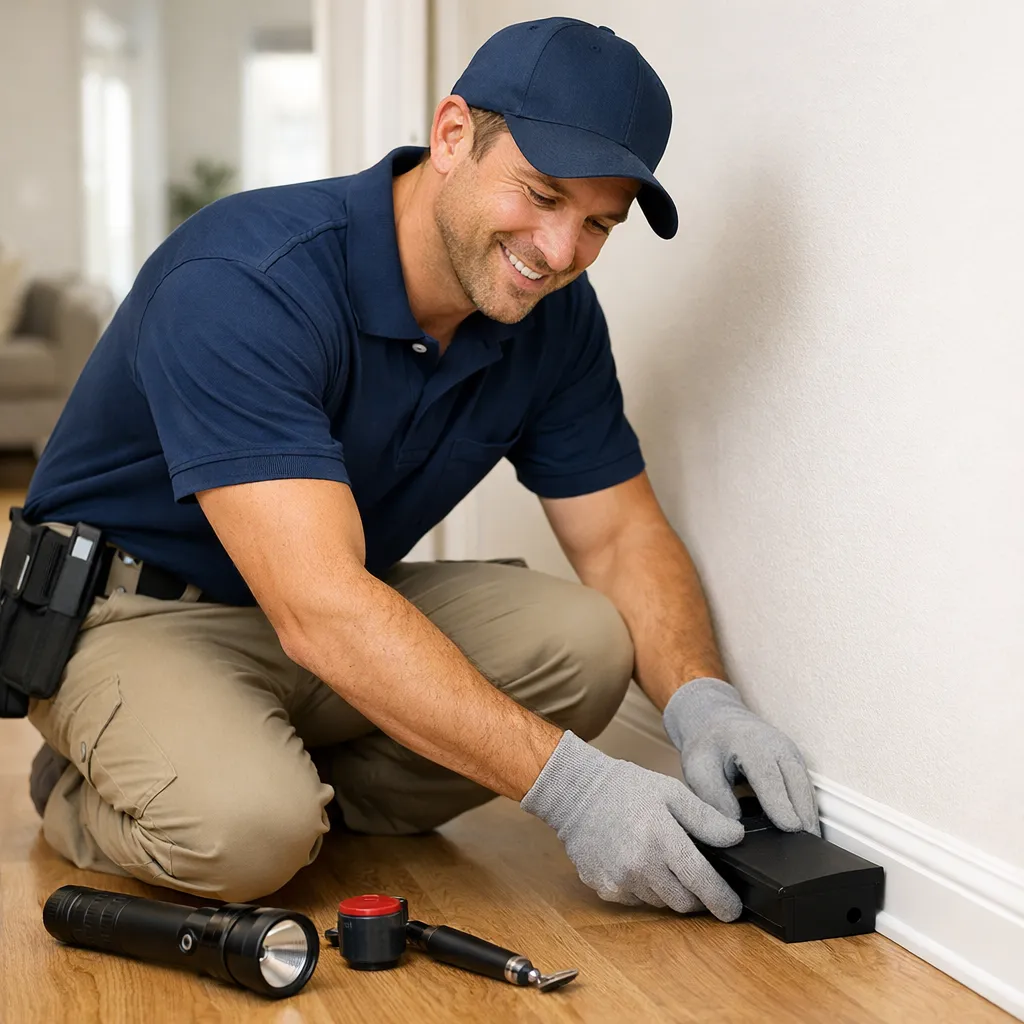 Pest control technician setting a discreet trap during a home inspection